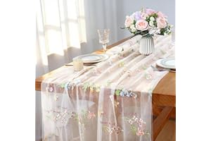 LOMOHOO White Gauze Table Runner with Embroidery Wild Flowers, 30x120in 10ft Floral Seasonal Sheer Table Runners for Dining H