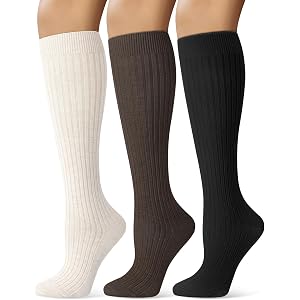 Justay 3 Pairs Knee High Socks for Women, Warm Long Boot Merino Wool Socks | Winter Slouchy Soft Ribbed Knit Cozy Casual Work