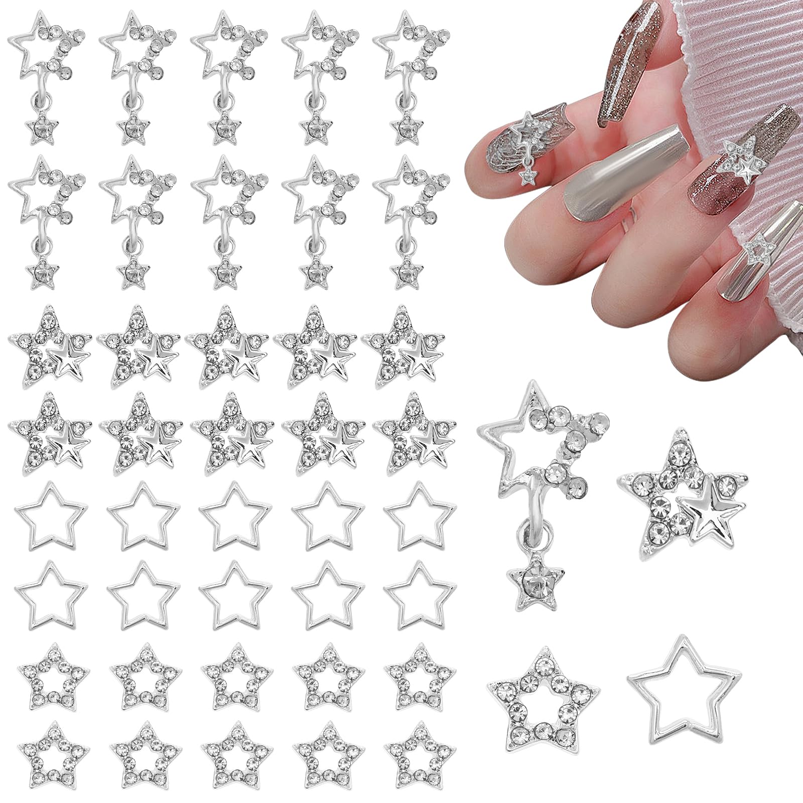40 Pcs 3D Silver Star Nail Charms, Y2K Metal Nail Gems for Acrylic Nails - DIY Nail Art Rhinestones Supplies for Manicure Decoration (4 Styles)