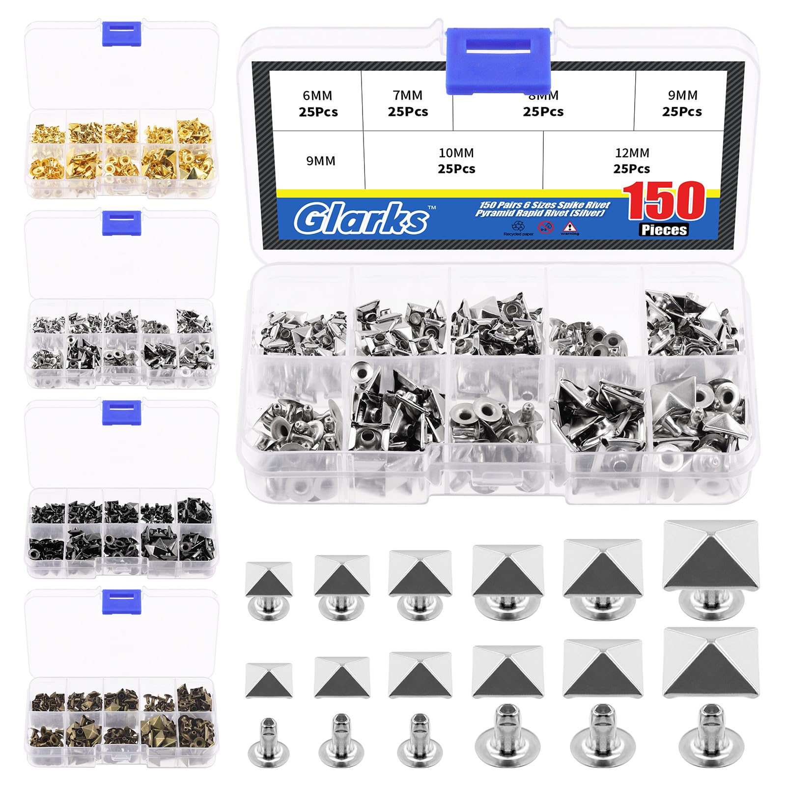 Glarks 150Pcs Silver Spike Rivet, 6mm 7mm 8mm 9mm 10mm 12mm Pyramid Rapid Rivet Studs Square Punk Spikes Leather Craft Decoration for Clothing Belts Bags Shoes