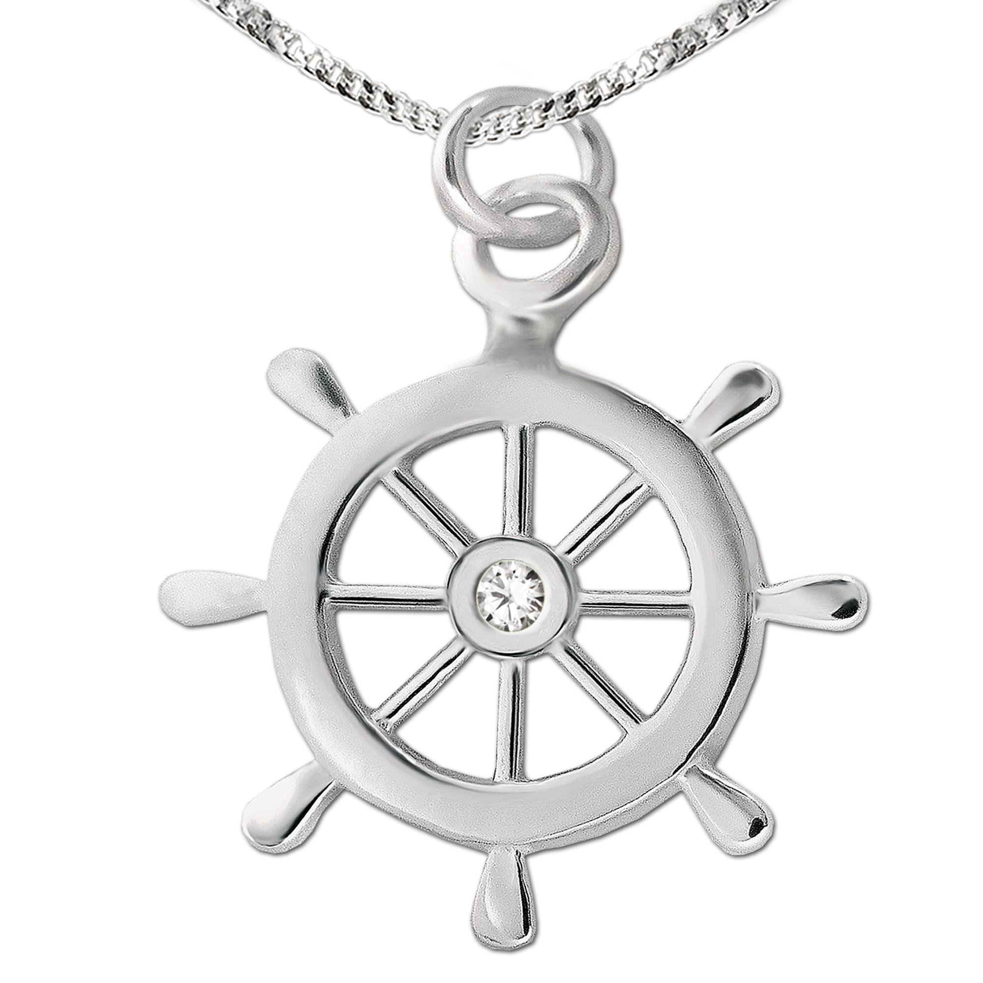 Clever jewellery set, silver pendant wheel, ship, ø 15 mm with zirconia white center, shiny and chain armored 45 cm, sterling silver 925 in case
