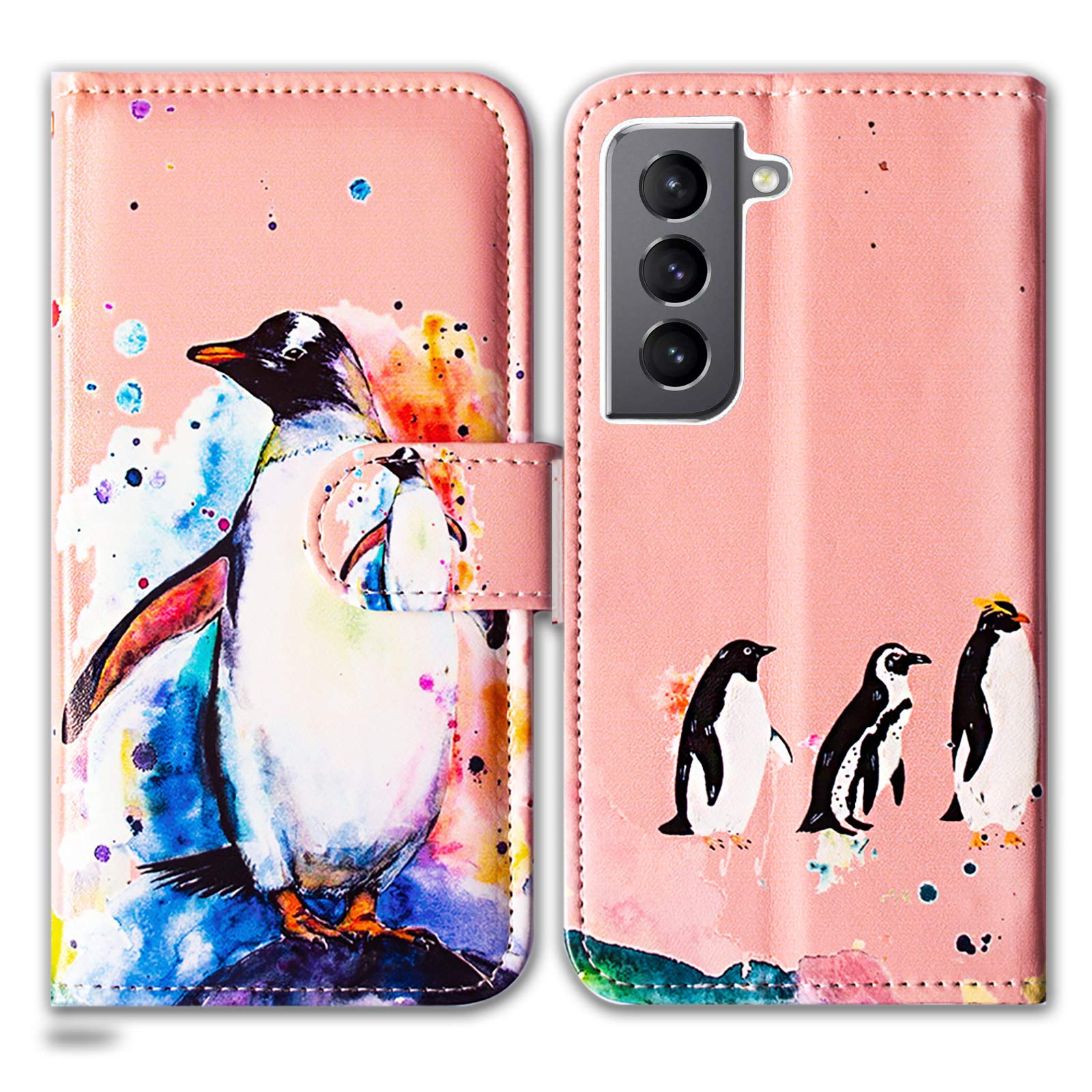 Bcov Galaxy S21 Case, Penguin Drawing Leather Flip Phone Case Wallet Cover with Card Slot Holder Kickstand For Samsung Galaxy S21 — image 1
