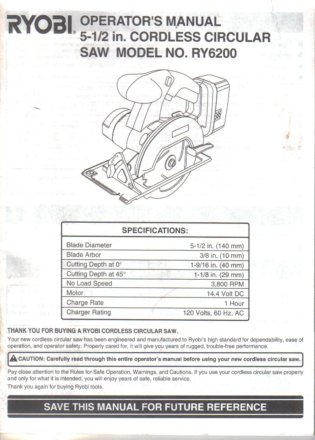 Ryobi 5 1/2 inch Cordless Circular Saw, Model RY6200, Operator's Manual-Owner's  Guide: Ryobi: Amazon.com: Books