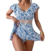 Aidonger Women's Tankini Swimdress Tummy Control Swimsuit Ruffle Color Block Two Piece Bathing Suit Tie Back Swimwear