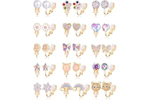 Tornito 10-15 Pairs Clip on Stud Earrings Non Pierced Teardrop Round Square CZ Pearl Twist Knot Flower Butterfly Heart Star Rainbow Cat Opal Clip on Earrings for Women