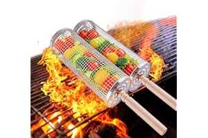 Grill Basket, 2PCS Rolling Grill Baskets with Removable Wooden Handle, 304 Stainless Steel BBQ Accessories for Outdoor Cookin
