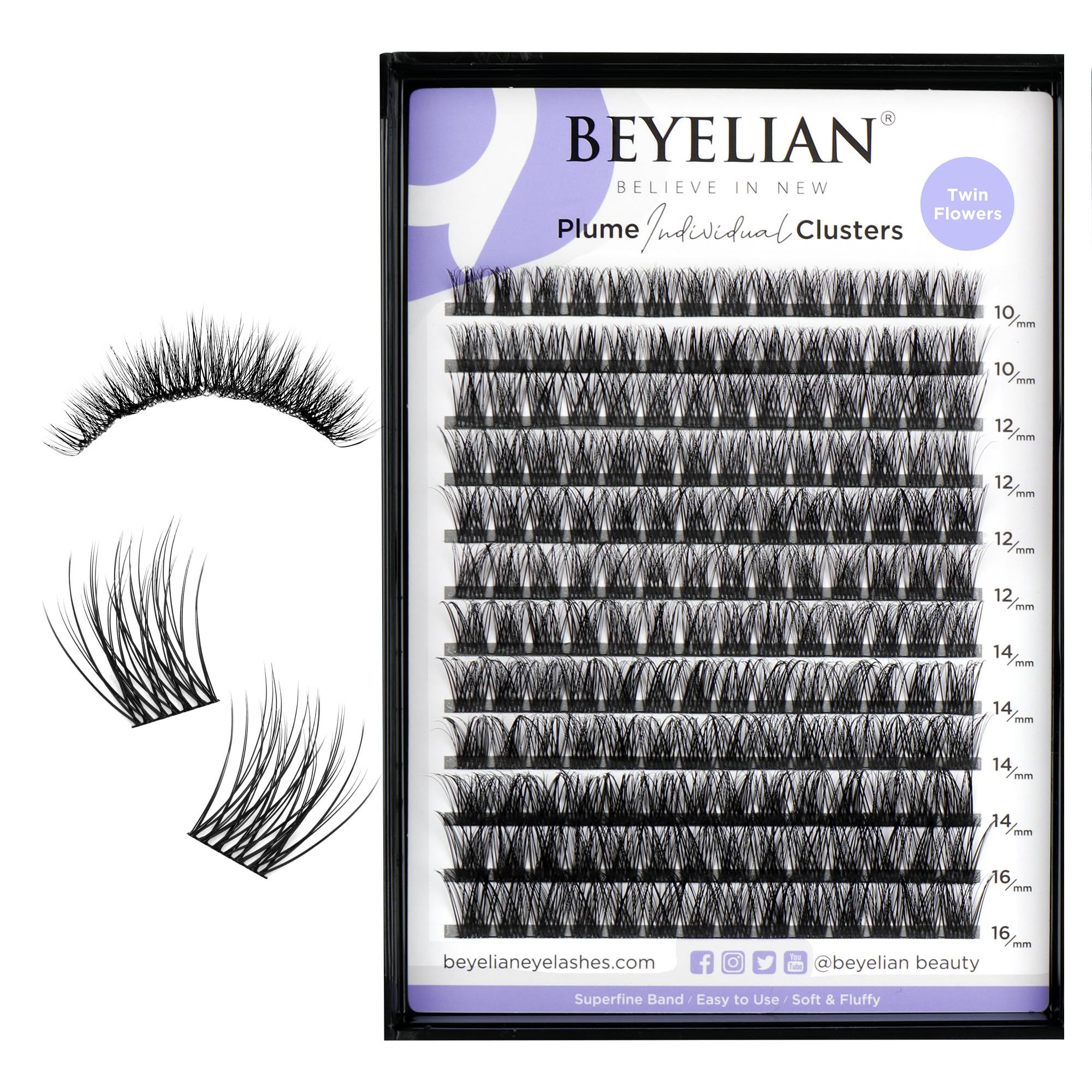 BEYELIAN Cluster Lashes, D Curl Lash Clusters, 168 Pcs Individual Eyelash Extensions 0.07mm 10-16mm Mixed DIY Lash Clusters Reusable Super Thin Black Band Eyelashes at Home (Twin Flowers)