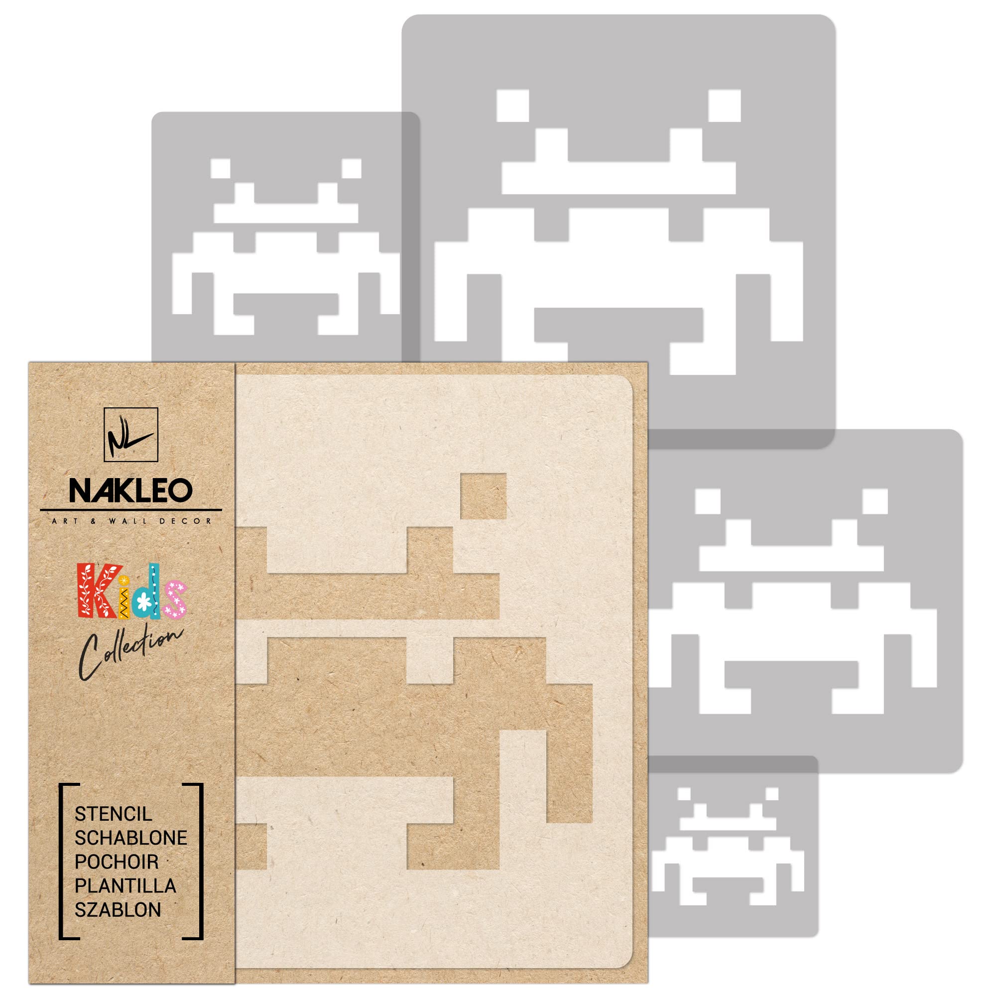 NAKLEO Painting Stencils Set for Kids, 5 Pcs Templates 9x9 to 34x34cm Space Invaders Game, Plastic and Reusable Drawing Stencils, Children Room Decor, Craft DIY Wall Furniture