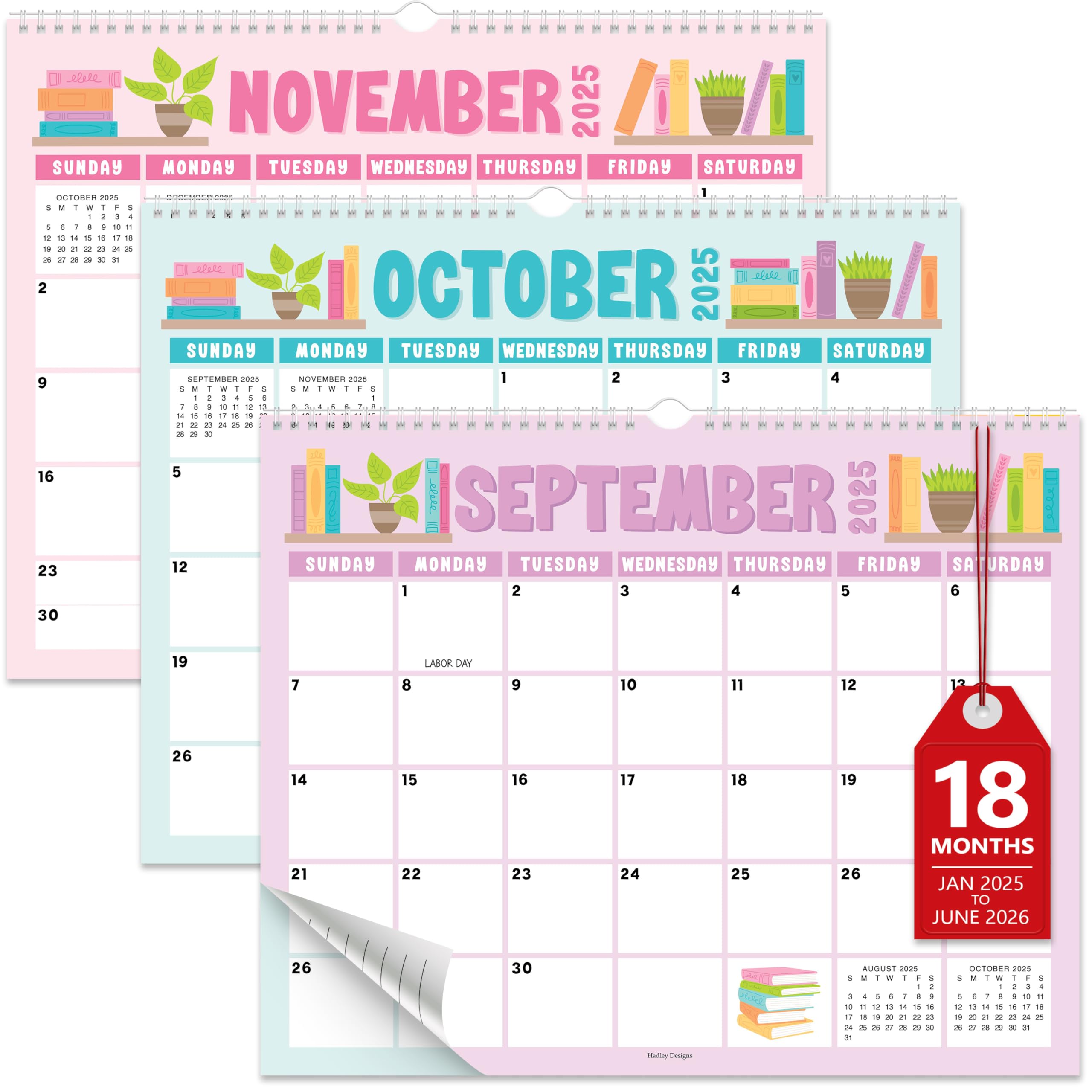Photo 1 of Hadley Designs Wall Calendar 2025-2026 – 18-Month Hanging Calendar 2025-2026 for Family, Home, School, & Office, Spiral Bound with Large Date Blocks & Notes Sections (Pastel)