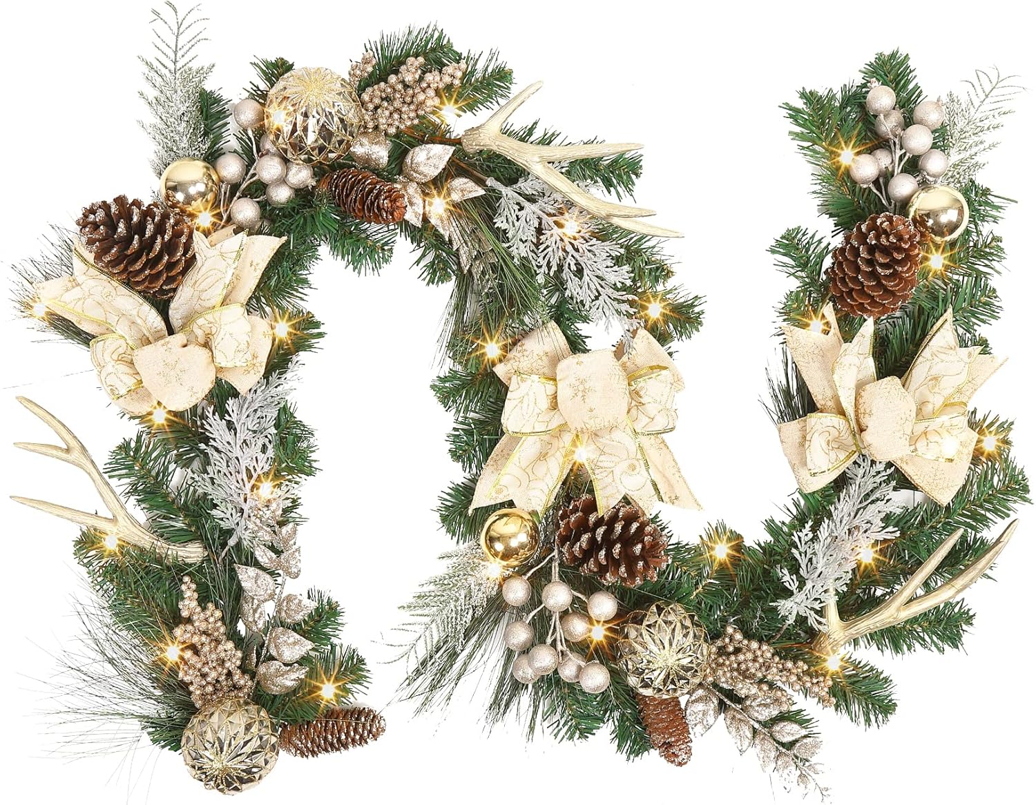 Wreaths, Garlands & Swags - LaxMax 6ft Christmas Garland with Lights, Prelit Outdoor Christmas Garland with 20 LED Lights Pine Cones Gold Ball Ornaments Ribbon and Antlers for Indooor Mantle Fireplace Staircase Decorations
