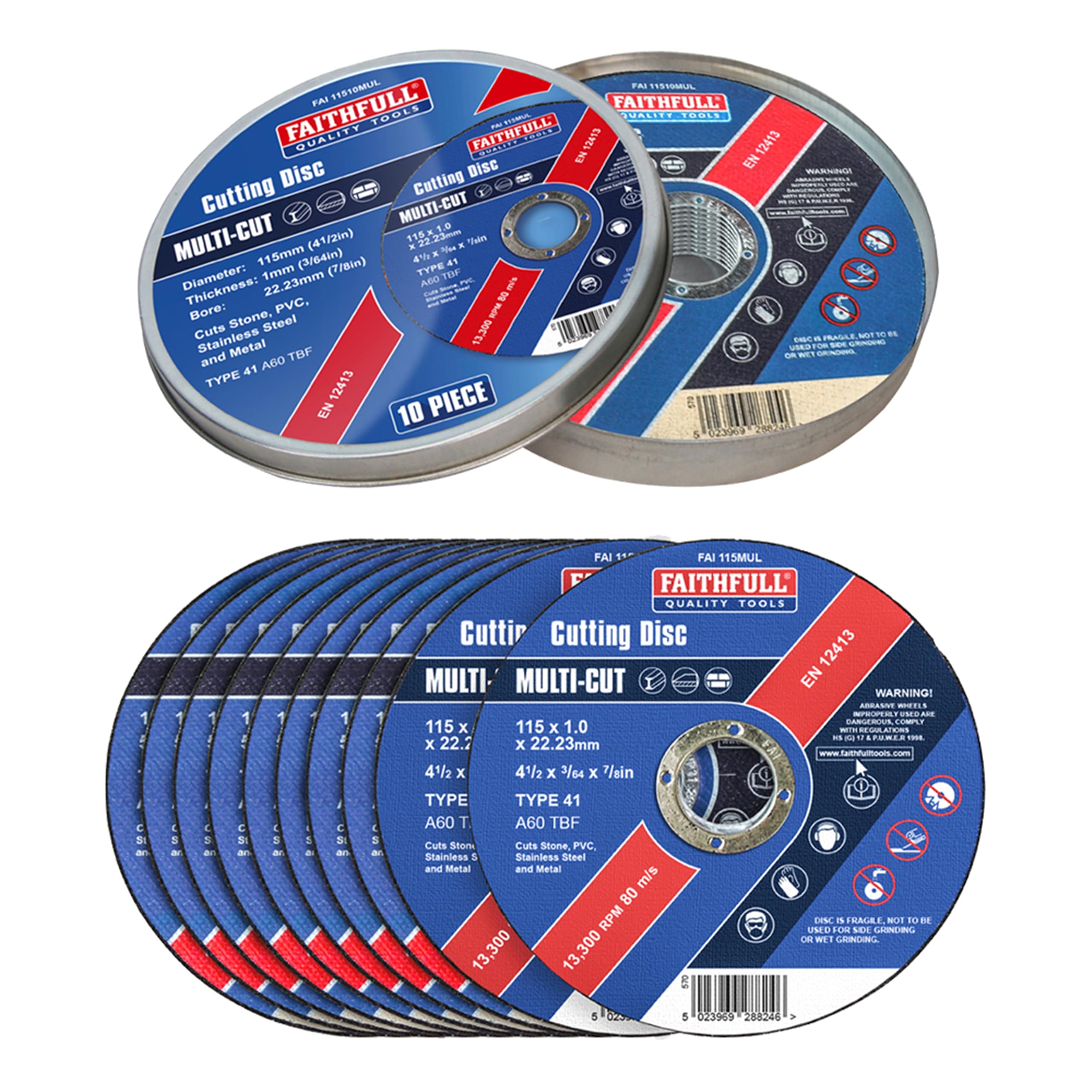 Faithfull Extra Thin 1mm Fast Cut Cutting Discs – 115mm x 1mm x 22.23mm (4.5 inch) Multi-Cut Disc, 10 Pack with Storage Tin
