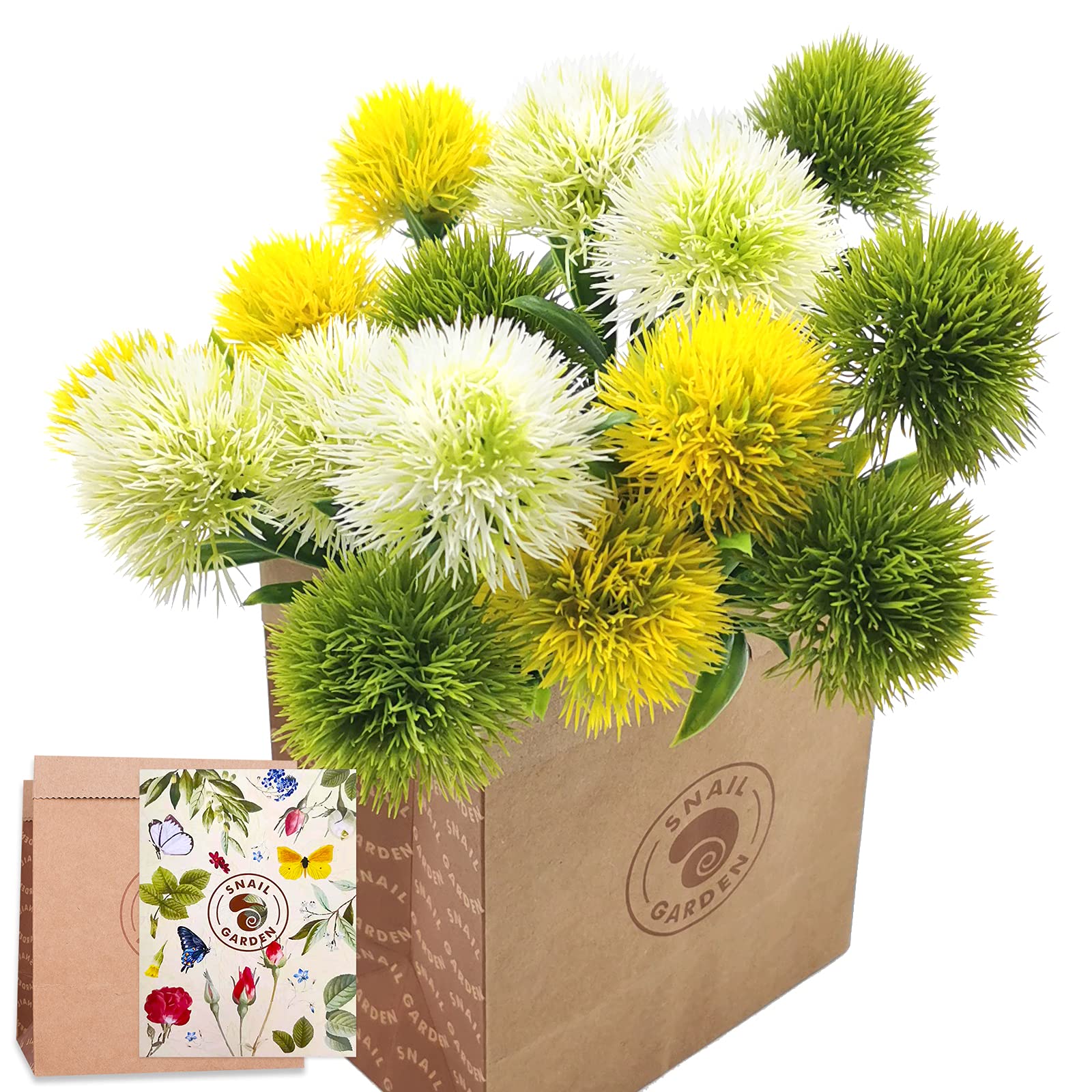 SNAIL GARDEN 15Pcs Artificial Dandelion, Artificial Chrysanthemum Plants Bouquet with 1 Vase Kraft Paper Bag-Plastic Flower Balls Plant Fake Grass for Indoor Outdoor(White,Yellow,Green)