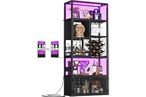 ARMOCITY 82.6" Tall Bar Cabinet with Power Outlets, 6-Tiers Reversible Wine Cabinet with LED Lights, Glass Holder & Wine Rack, Liquor Storage Cabinet Coffee Bar Unit Station for Dining Living Room, Black