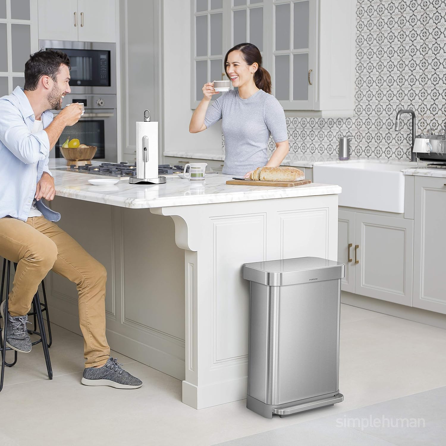 simplehuman 45 Liter Rectangular Hands-Free Kitchen Step Trash Can with Soft-Close, Brushed Stainless Steel with Plastic Lid: Home & Kitchen