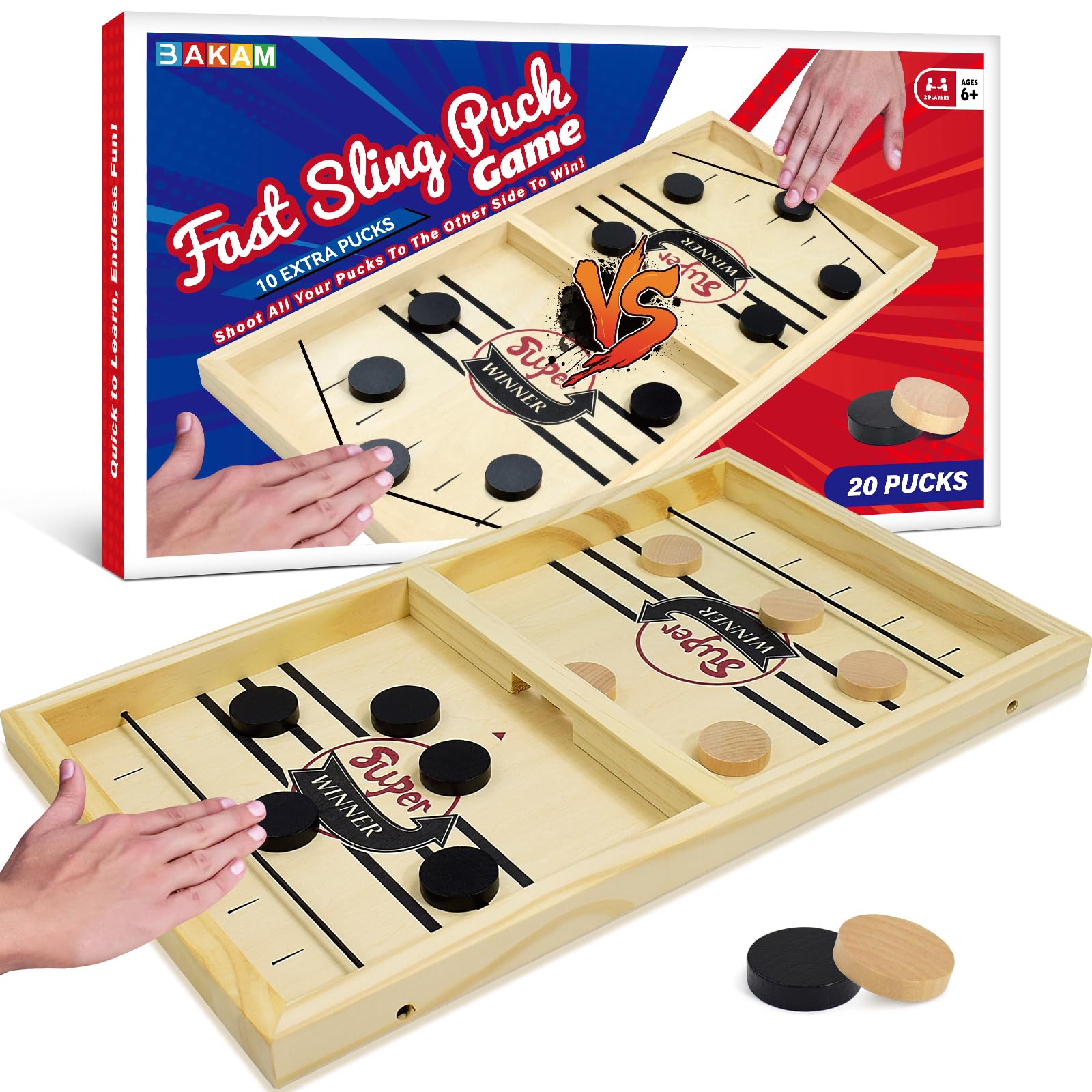 BAKAM Super Fast Sling Puck Game, Portable Table Hockey Game for Kids and Adults, Tabletop Slingshot Games Toys for Boys and Girls, Desktop Sport Board Game for Family Game Night Fun