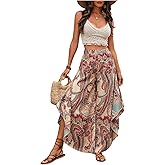 BEAUDRM Women's Paisley Print Boho Pants Wide Leg Baggy Pants Elastic High Waisted Summer Lounge Beach Trousers