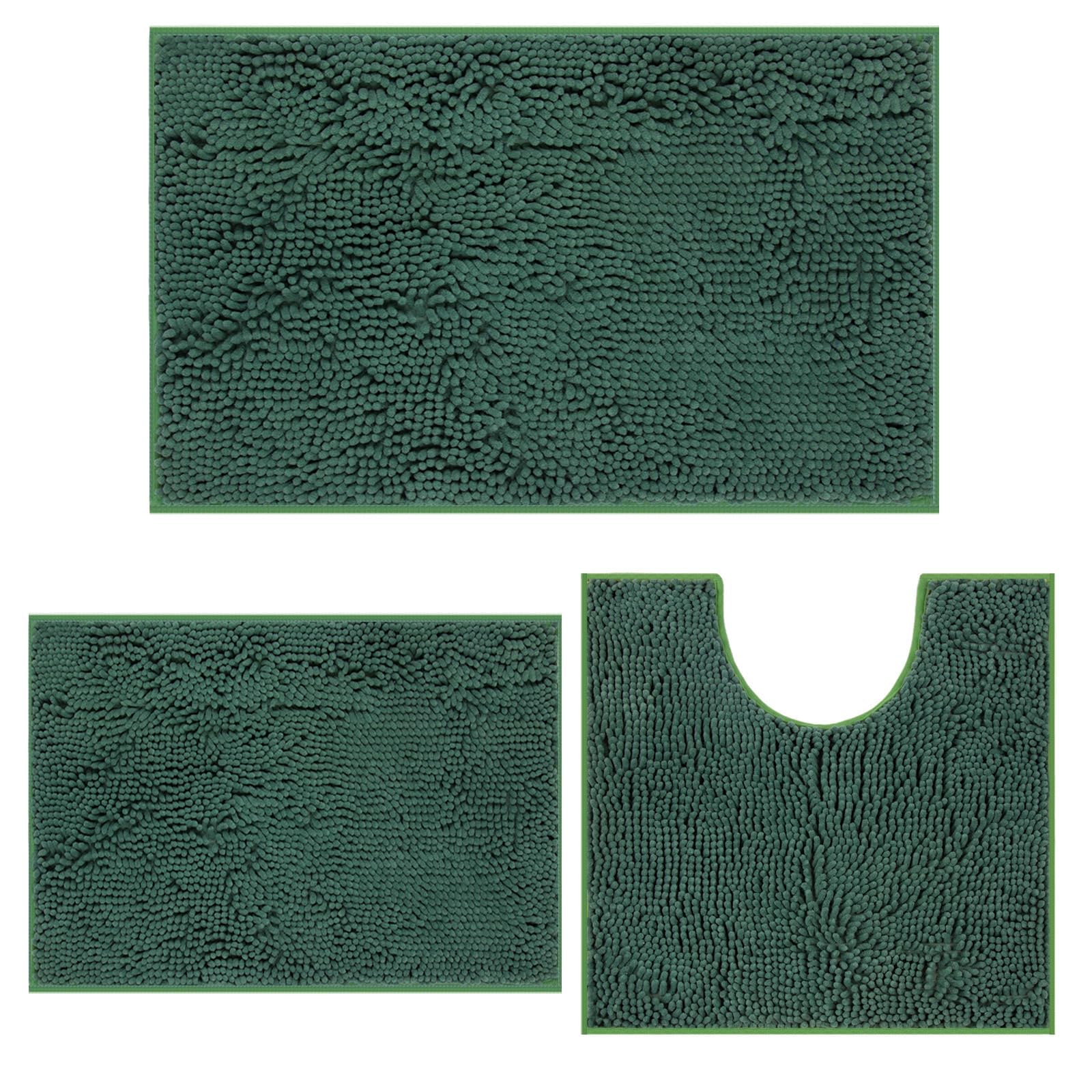MEGAROOM Non Slip Chenille Bath Mat Set - Bathroom Mat Set with U-Shaped Toilet Mat - Soft and Anti Mould Bath Mat 3 Pieces for Safety and Comfort, Water Absorbent and Quick Drying（Dark Green）