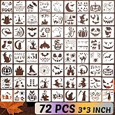 72 Pcs Halloween Stencils for Painting Set, 3*3 Inch Reusable Bat Cat Ghost Scar Painting Templates - Stencil Crafts Drawing Templates for Home Wall Murals, Canvas Wood Signs Party Supplies Decoration