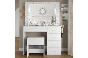 Yanosaku Vanity Desk & Power Outl,Makeup Vanity with Mirror and 11 LED Lights,Makeup Table with 5 Drawers,Vanity Table with Chair,Vanity Set 3 Lighting Modes Brightness Adjustable(White)