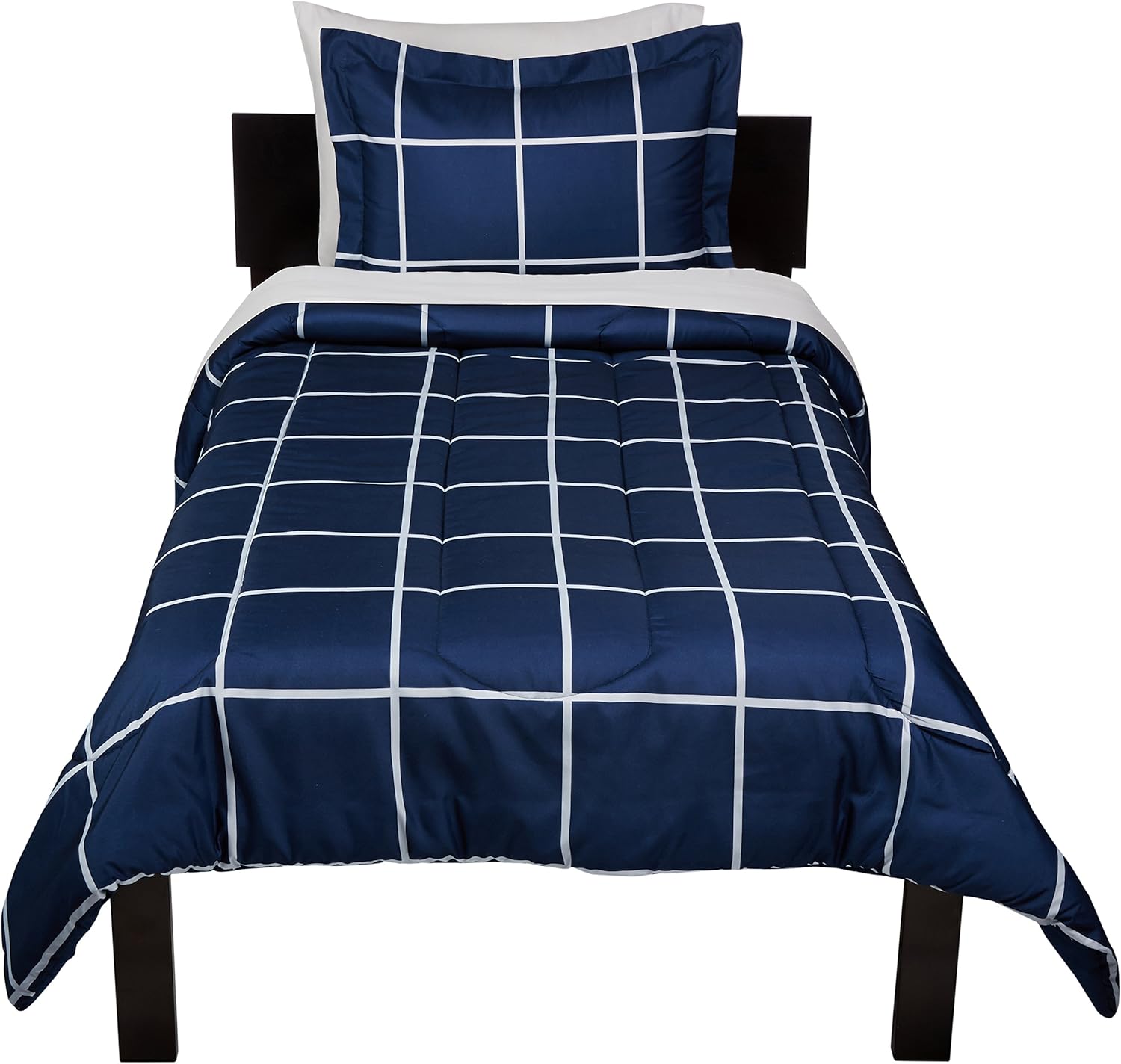 Basics 5-Piece Light-Weight Microfiber Bed-In-A-Bag Comforter Bedding Set - Twin or Twin XL, Navy Simple Plaid: Home & Kitchen