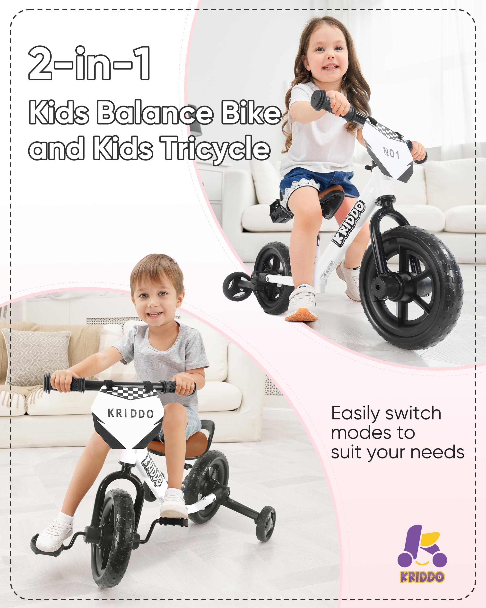 KRIDDO 2-in-1 Kids Tricycle and Toddler Balance Bike 2 Year Old, Detachable Pedals and Stowable Training Wheels, DIY Plate, Riding Trikes Toy for Ages 18 Months to 3 Years, White