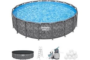 Bestway APX 365 18' x 52" Round Above Ground Swimming Pool Outdoor Backyard Framed Pool Set with Sand Filter Pump, Ladder, and Cover, Dark Marble