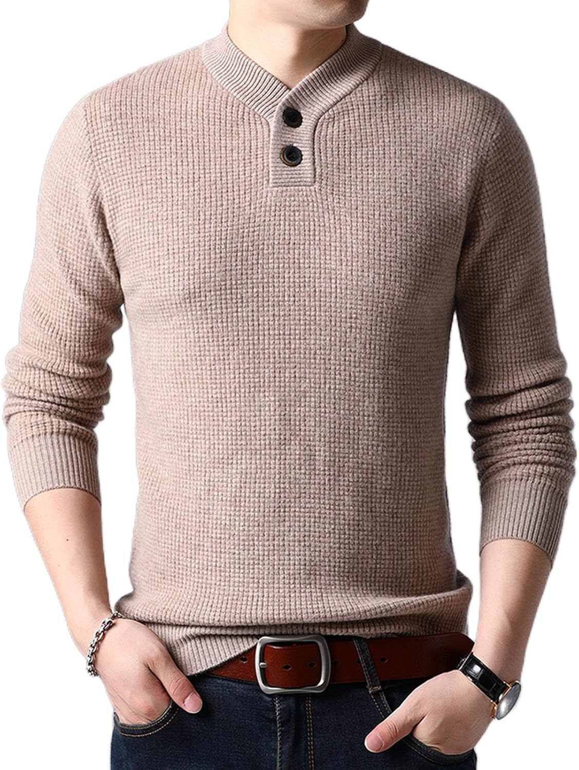 Man Fashion Buttons Collar Cashmere Sweater Winter Pure 100 Wool Thick