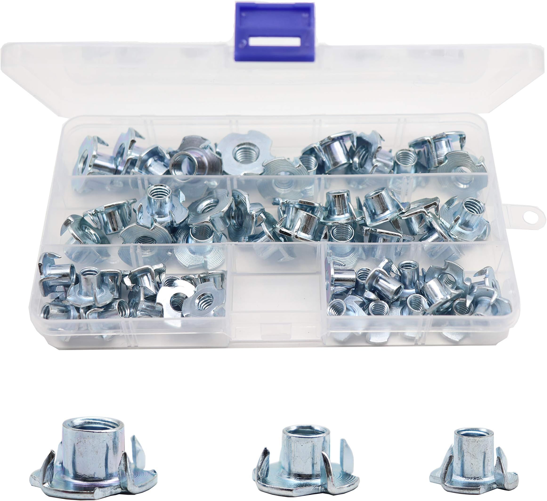 cSeao 60Pcs Imperial 1/4"-20, 5/16"-18, 3/8"-16 4 Pronged Tee Nut Assortment Kit, Carbon Steel T-Nuts Zinc Plated