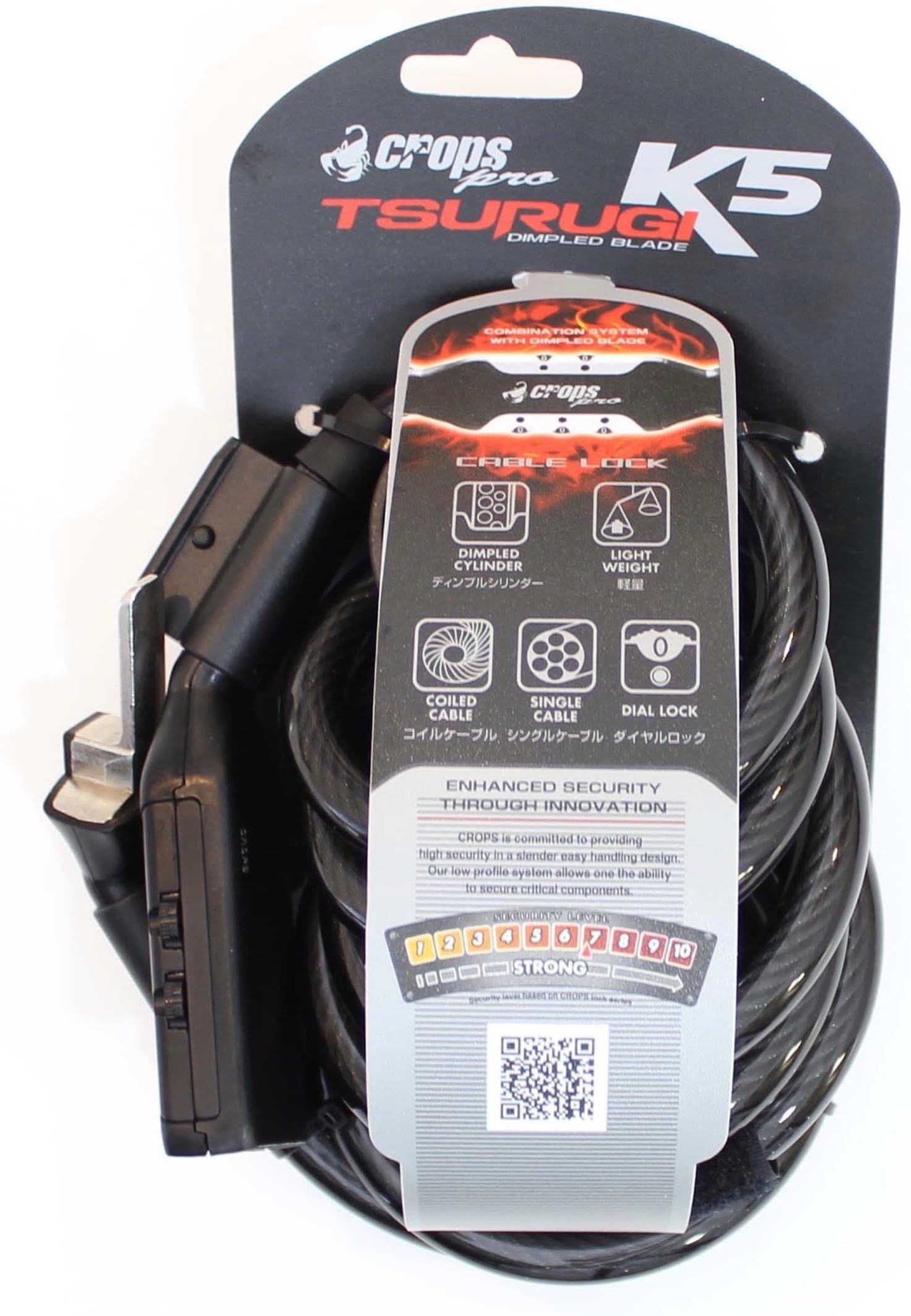 CROPS Pro K5 Tsurugi Lock - 10mm Coated Coiled Steel Cable 180cm long with adjustable 5 Digit Combination Lock - Bike Scooter Motorbike - Anti Theft – High Security