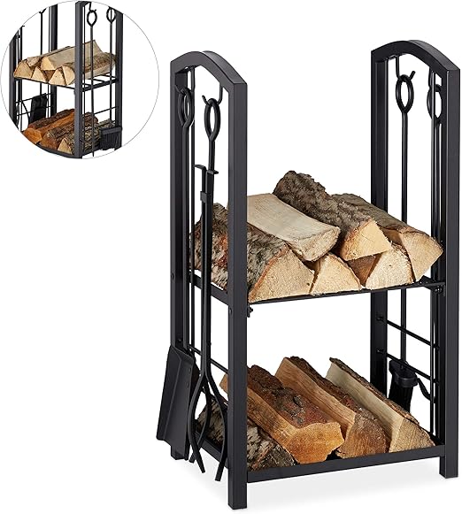 Relaxdays Kaminholzregal Mit Besteck 2 Ablagen Stahl Kaminbesteck 4 Teilig Schaufel Besen Zange Haken Schwarz 73 X 46 X 30 Cm Amazon De Kuche Haushalt