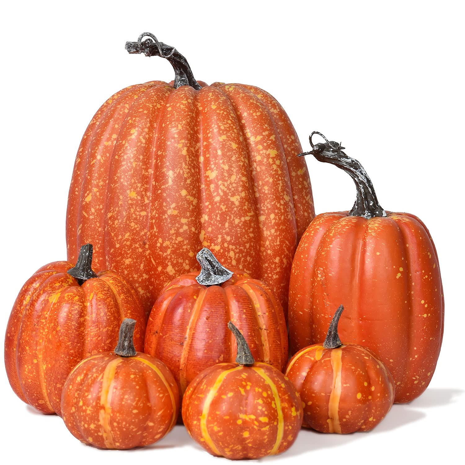 Photo 1 of Lvydec Artificial Pumpkins Set Harvest Decoration, 7pcs Assorted Size Orange Pumpkins Realistic Large Pumpkins for Halloween Thanksgiving Autumn Festive Party Supplies (Orange)