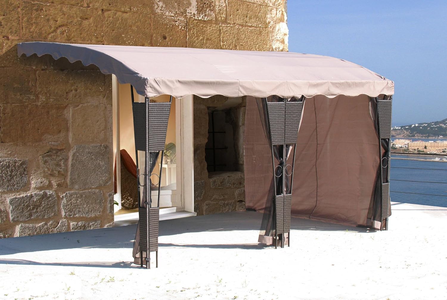 GRASEKAMP Qualität seit 1972 3 Seitenteile zu Anbaupergola Mallorca Rattan Taupe Sichtschutz Sonnenschutz