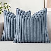 decorUhome Cozy Faux Fur Spring Throw Pillow Covers 18x18 Set of 2 Decorative Soft Plush Striped Modern Farmhouse Boho Couch Pillow Cases with Velvet Back for Sofa Bed Living Room, Grey Blue