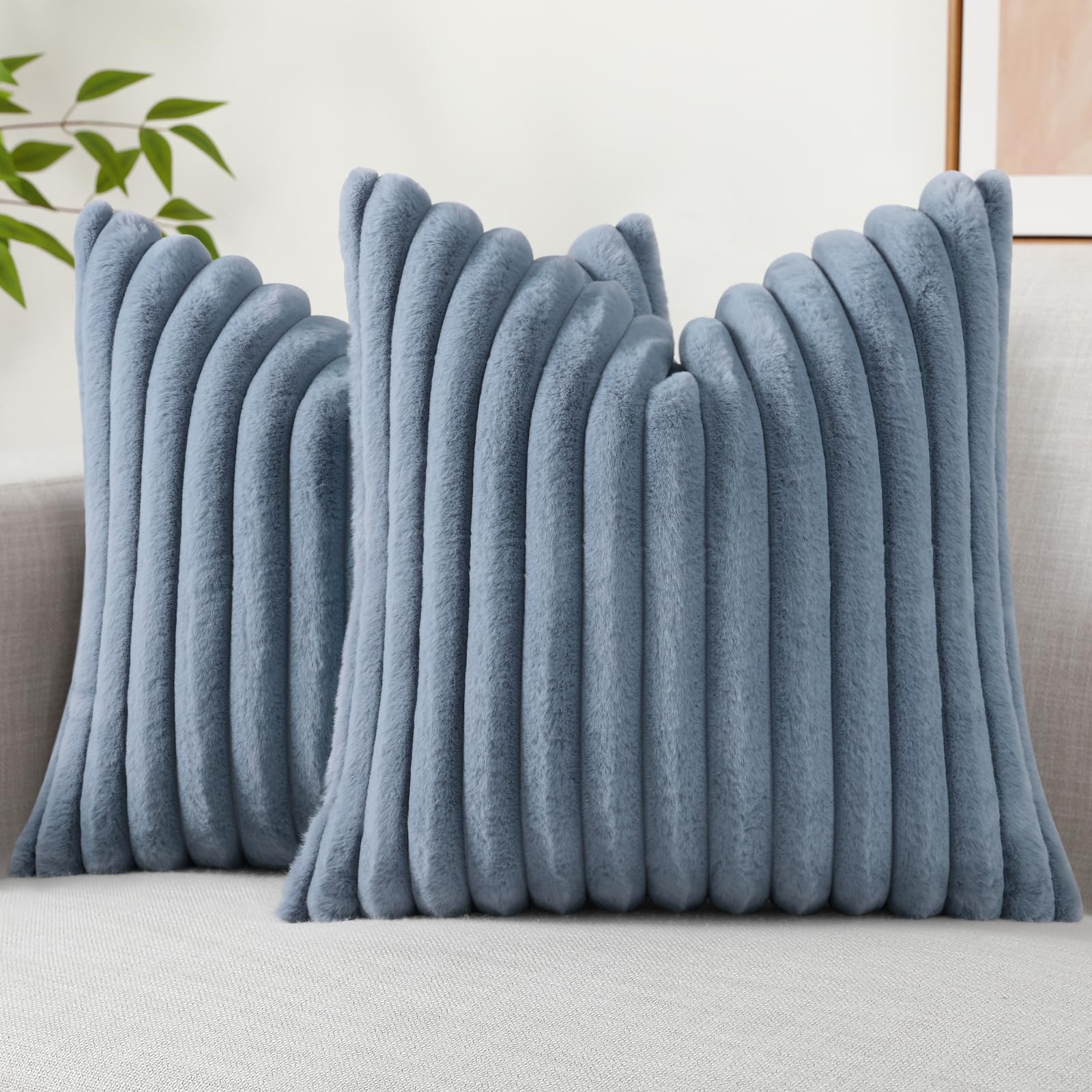 Photo 1 of decorUhome Faux Fur Throw Pillow Covers 18x18 Set of 2, Decorative Soft Plush Striped Neutral Couch Euro Pillow Covers with Velvet Back for Sofa, Bed, Living Room Home Decor, Grey Blue