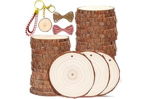 SENMUT Wood Slices 30 Pcs 3.5-4.0 inch Natural Rounds Unfinished Wooden Circles Christmas Wood Ornaments for Crafts Wood Kit Predrilled with Hole Wood Coasters, Craft Supplies for DIY and Painting