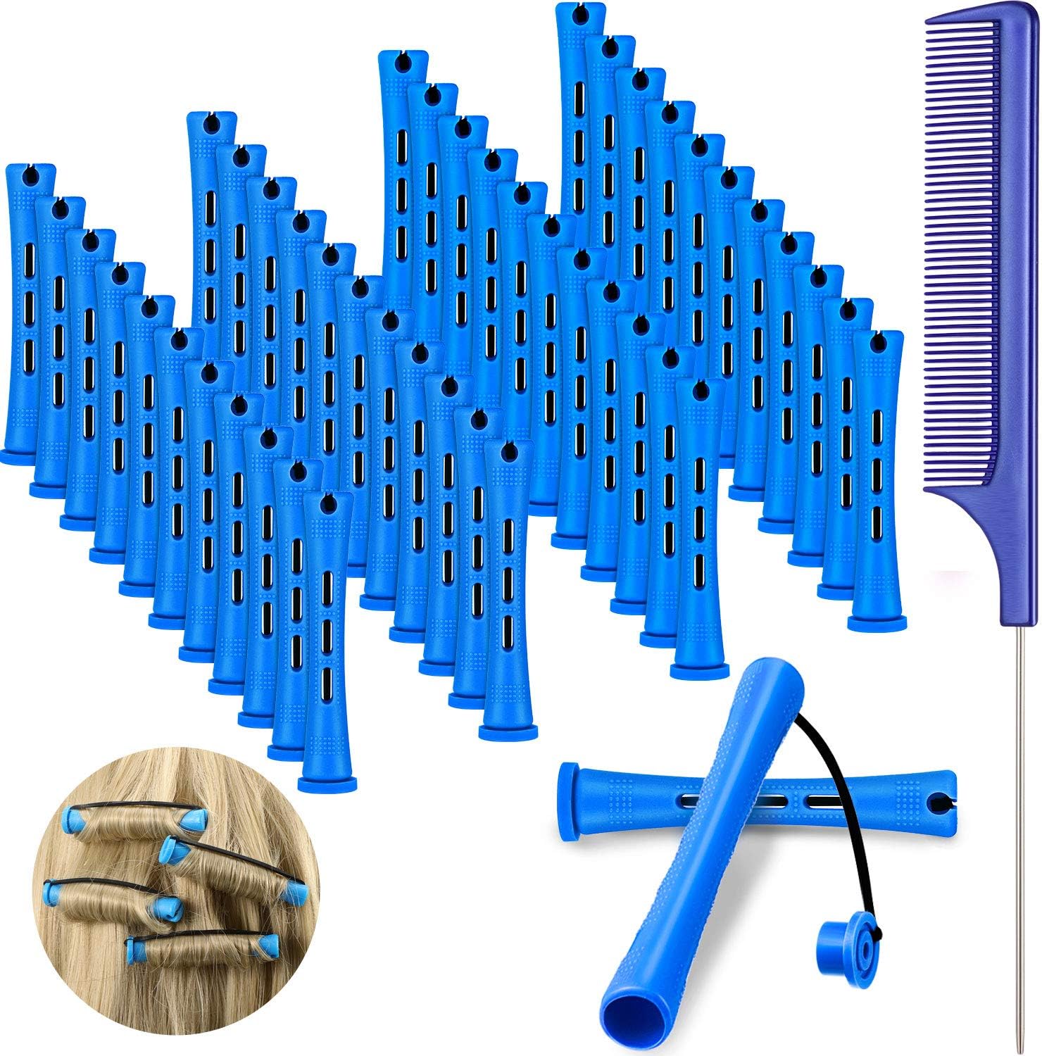 48 Pieces Hair Perm Rods Short Cold Wave Rods Plastic Perming Rods Hair Curling Rollers Curlers with Steel Pintail Comb Rat Tail Comb for Hairdressing Styling Supplies (0.35 Inch
