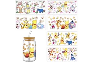 GARETHEORA 6Sheets Cartoon UV DTF Cup Wrap Transfer Stickers for 16oz Glass Cups, Rub on Transfers for Crafts Cup Decal Stickers (Bear)