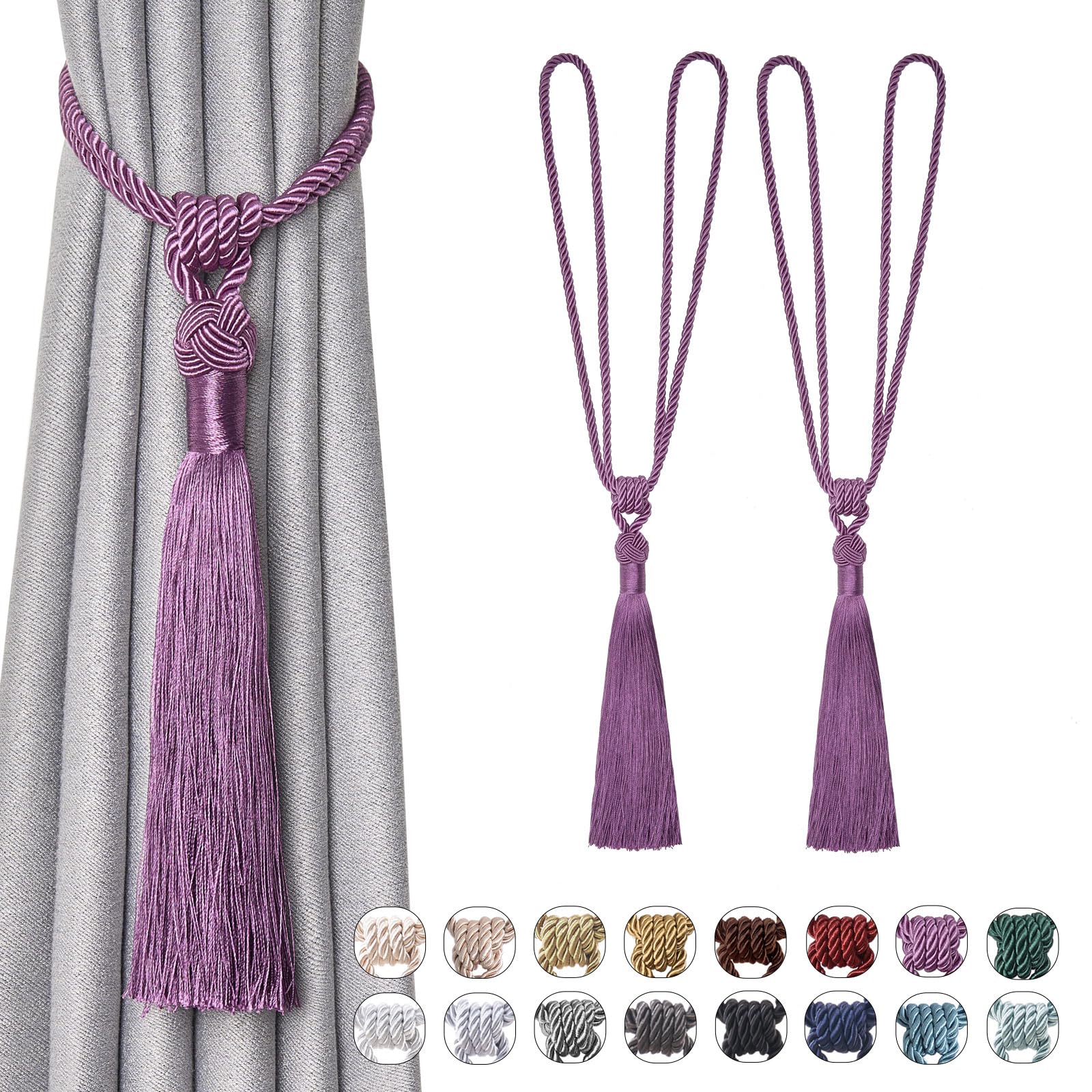 Pretty Jolly 2 Pack Long Tassel Curtain Tiebacks Handmade Braided Rope Knot Drape Tie Backs European Style Decorative Curtain Holdbacks for Home & Office Window Drapery (Purple)