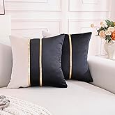 TAOSON Velvet Throw Pillow Covers,Pack of 2 Soft Decorative Cushion Covers Cases Black Beige Patchwork with Gold Leather for Sofa Bedroom Livingroom Car, 18 x 18 Inch