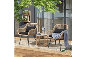 JOIVI 3 Piece Patio Bistro Set, Wicker Outdoor Patio Set with Enhanced Comfort Seating, Round Glass Top Coffee Side Table, Patio Rattan Conversation Set for Balcony, Lawn, Garden, Backyard, Black