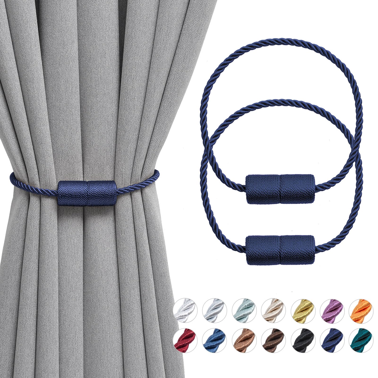 Pretty Jolly 2 Pack Magnetic Curtain Tiebacks - 16 Inch Handmade Weave Side Rope Curtain Holdbacks for Home & Office Window Drapery (Dark Blue)