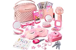 WESAYEE Toddler Purse with Pretend Makeup for Girls, Little Girls Purse with Accessories Includes Pink Hand Fan, Unicorn Tattoos Sleep Mask for Kids, Pretend Princess Play Toys for 3 4 5 6 7 8 Year Old Girl