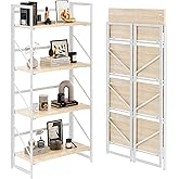 JSB No Assembly Folding Bookshelf, 4 Tier Industrial Metal Book Shelf for Storage, Vintage Wood Foldable Bookcase for Living Room, Bedroom, Office Organization Shelves