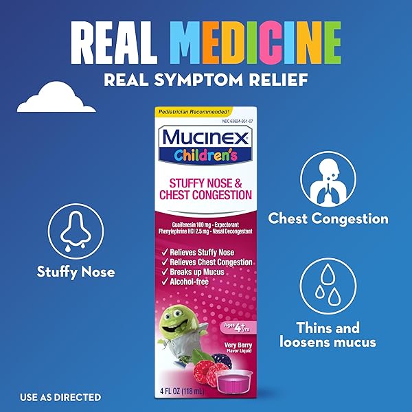 MUCINEX CHILDREN’S STUFFY NOSE & CHEST CONGESTION, MULTI-SYMPTOM RELIEF, EXPECTORANT, NASAL DECONGESTANT, VERY BERRY FLAVOR, 4 FL OZ