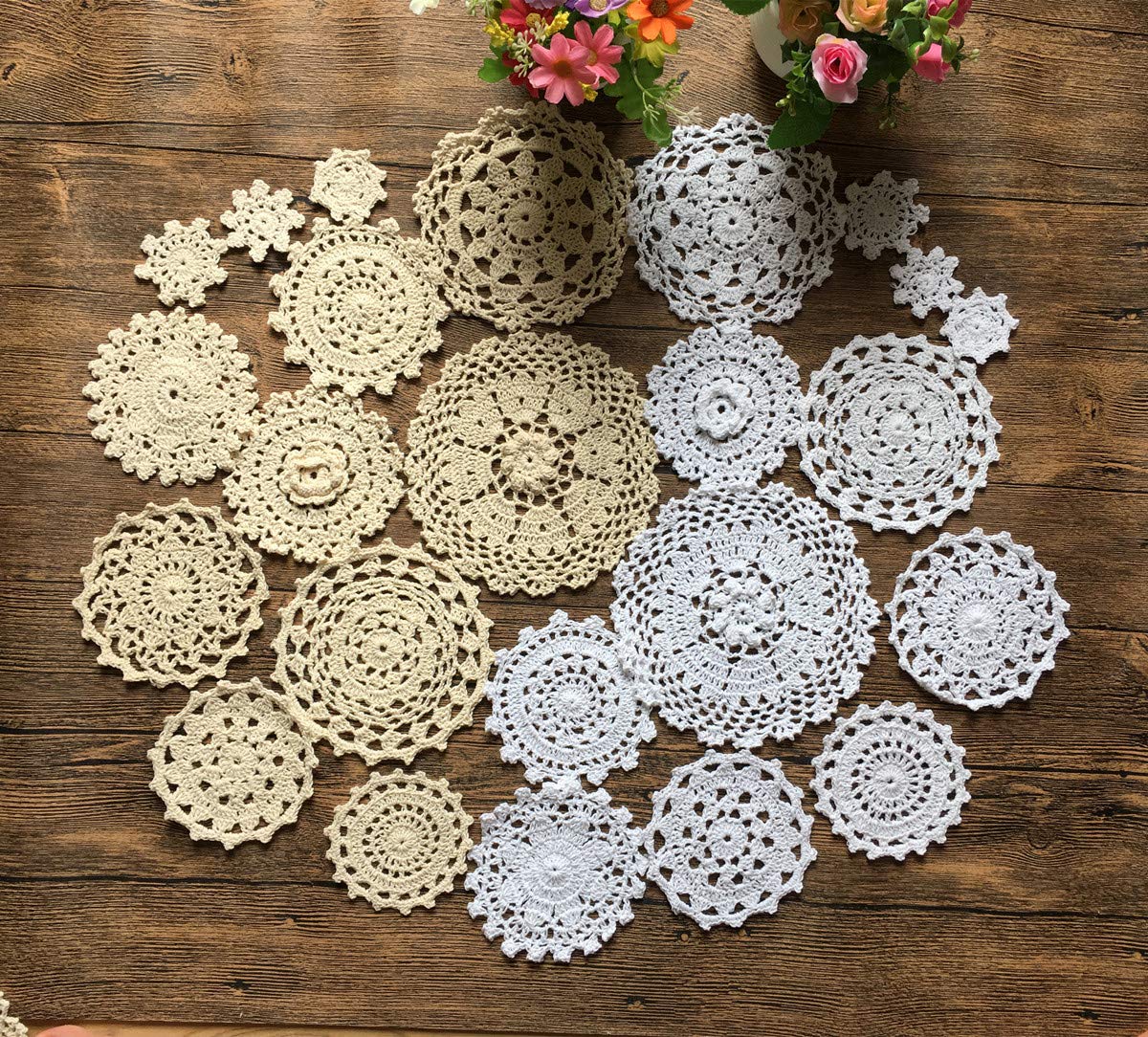 MINDPLUS Set of 24 Hand Crochet Doilies Cotton Lace Table Placemat Mini Doilies 2-7 Inch Round White Beige Vintage Wedding Tea Party (12pcs White and 12pcs Beige)