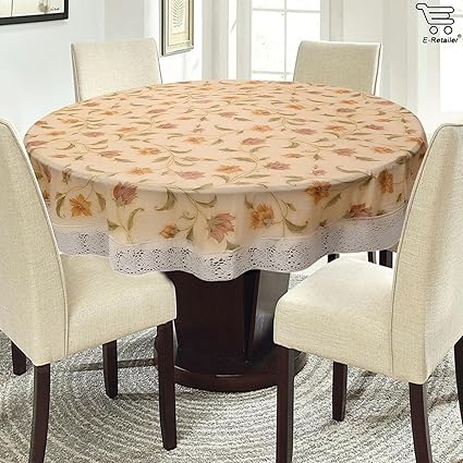 eretailer PVC Waterproof Round Table Cover with White Lace Yellow Flower Pattern for 6 Seater (72inch Diameter)