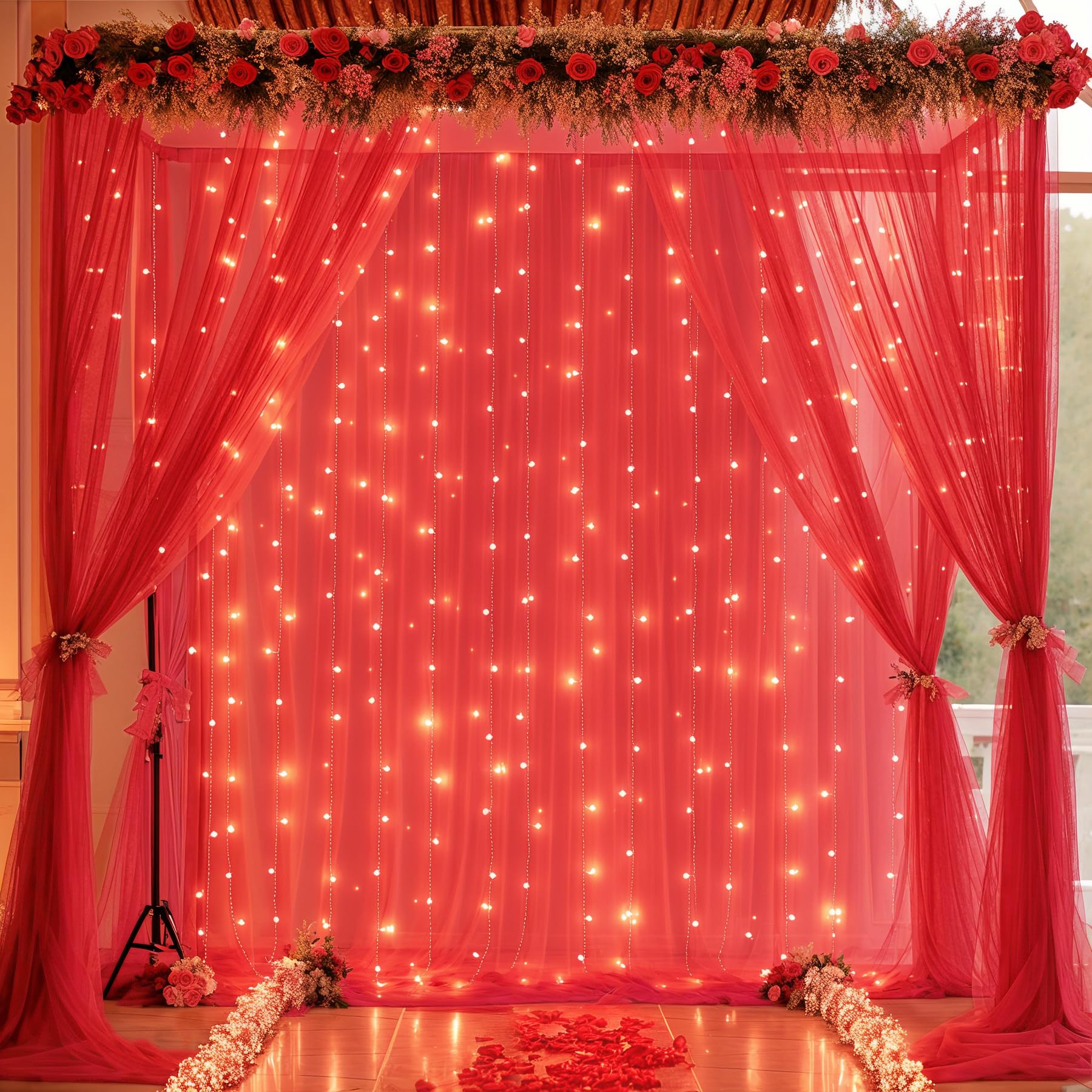 Photo 1 of 20×10ft Red Tulle Backdrop Curtain with Lights String for Parties, Sheer Curtain Backdrop Drapes for Wedding Party Home Decorations