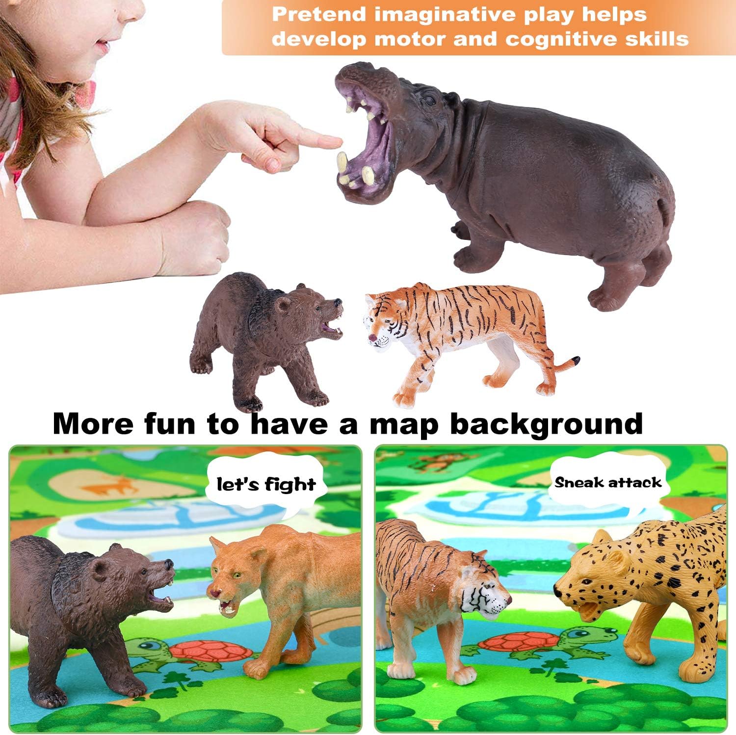 GiftInTheBox Safari Animal Figurines Toys with Activity Play Mat , Realistic Plastic Jungle Wild Zoo Animals Figures Playset with Elephant, Giraffe, Lion, Panda，Gift for Kids, Boys …: Toys & Games