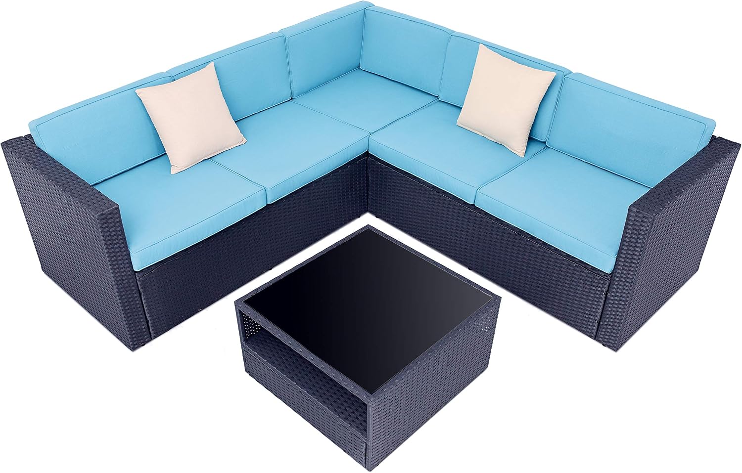 Solaura Outdoor Patio Furniture 4 Pieces Conversation Set All Weather Black Wicker Sectional Sofa Set With Light Blue Cushions And Sophisticated Glass Top Coffee Table Garden Outdoor Cjp Org In