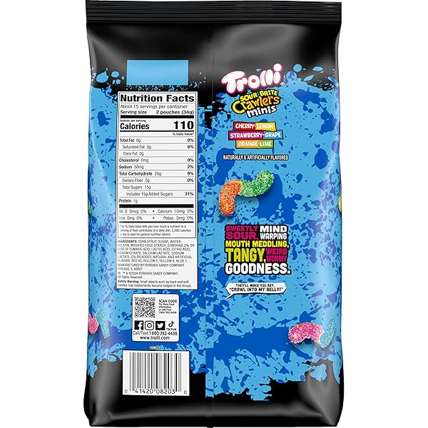 TROLLI MINI SOUR BRITE CRAWLERS CANDY, CHERRY-LEMON, STRAWBERRY-GRAPE & ORANGE-LIME, SWEET AND SOUR, GUMMY WORMS, 18 OZ (30 CT)